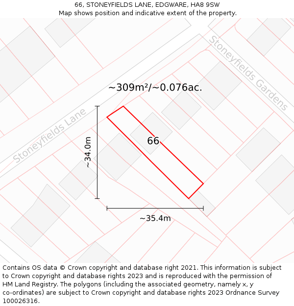 66, STONEYFIELDS LANE, EDGWARE, HA8 9SW: Plot and title map