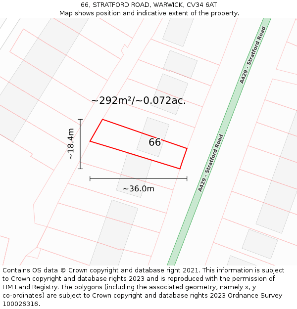 66, STRATFORD ROAD, WARWICK, CV34 6AT: Plot and title map