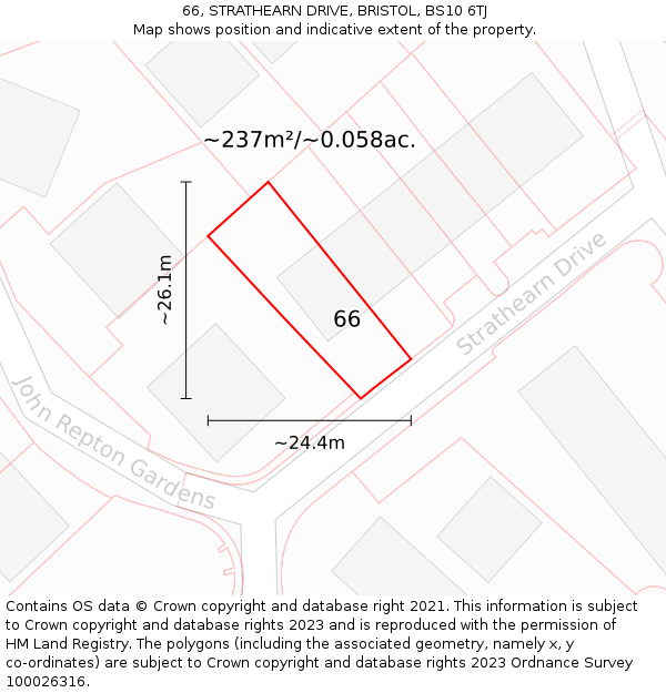 66, STRATHEARN DRIVE, BRISTOL, BS10 6TJ: Plot and title map