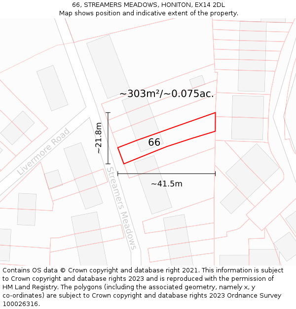 66, STREAMERS MEADOWS, HONITON, EX14 2DL: Plot and title map