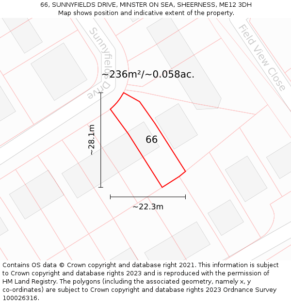 66, SUNNYFIELDS DRIVE, MINSTER ON SEA, SHEERNESS, ME12 3DH: Plot and title map