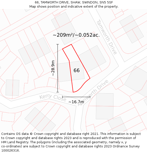 66, TAMWORTH DRIVE, SHAW, SWINDON, SN5 5SF: Plot and title map