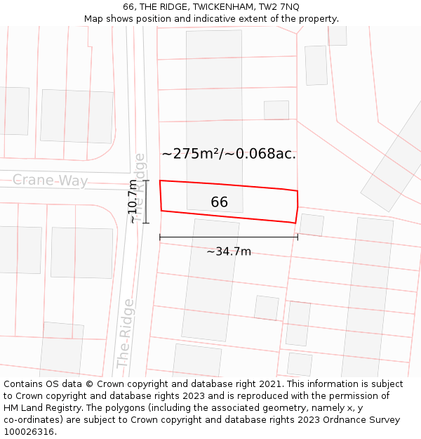 66, THE RIDGE, TWICKENHAM, TW2 7NQ: Plot and title map