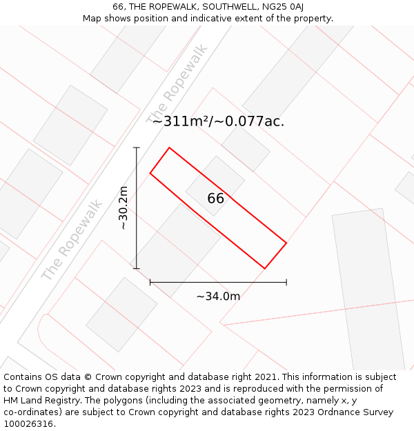 66, THE ROPEWALK, SOUTHWELL, NG25 0AJ: Plot and title map