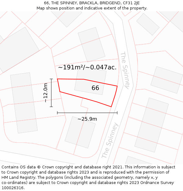 66, THE SPINNEY, BRACKLA, BRIDGEND, CF31 2JE: Plot and title map