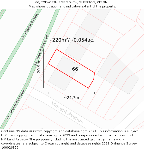 66, TOLWORTH RISE SOUTH, SURBITON, KT5 9NL: Plot and title map