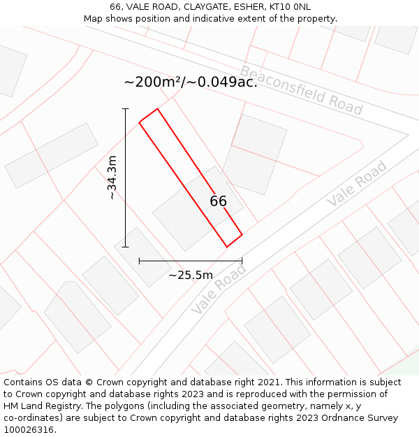 66, VALE ROAD, CLAYGATE, ESHER, KT10 0NL: Plot and title map