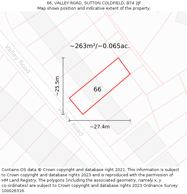 66, VALLEY ROAD, SUTTON COLDFIELD, B74 2JF: Plot and title map