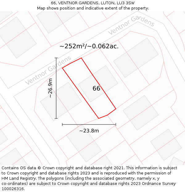 66, VENTNOR GARDENS, LUTON, LU3 3SW: Plot and title map