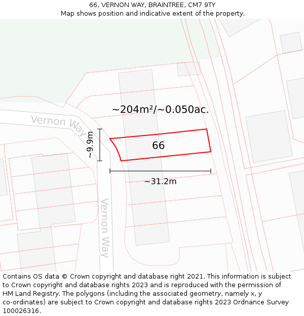 66, VERNON WAY, BRAINTREE, CM7 9TY: Plot and title map