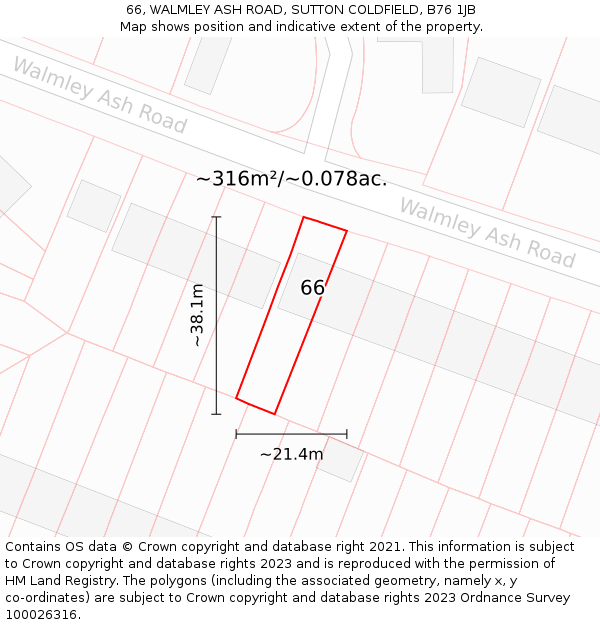66, WALMLEY ASH ROAD, SUTTON COLDFIELD, B76 1JB: Plot and title map