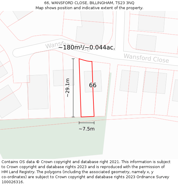 66, WANSFORD CLOSE, BILLINGHAM, TS23 3NQ: Plot and title map