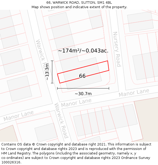 66, WARWICK ROAD, SUTTON, SM1 4BL: Plot and title map