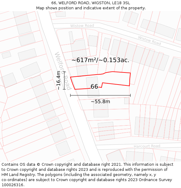 66, WELFORD ROAD, WIGSTON, LE18 3SL: Plot and title map