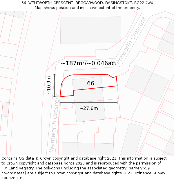 66, WENTWORTH CRESCENT, BEGGARWOOD, BASINGSTOKE, RG22 4WX: Plot and title map
