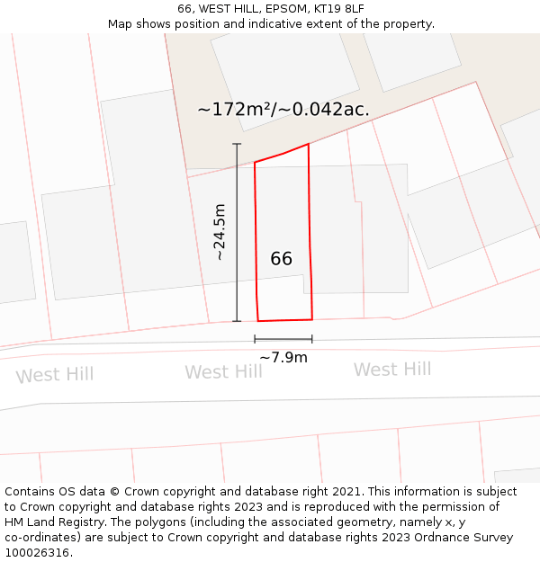 66, WEST HILL, EPSOM, KT19 8LF: Plot and title map