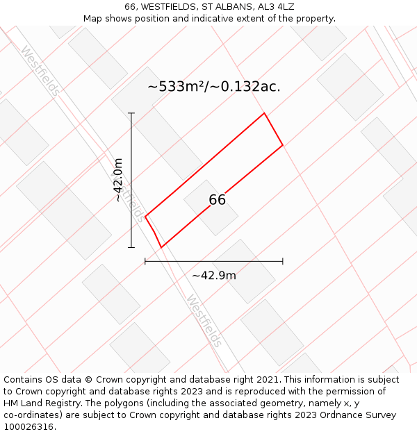 66, WESTFIELDS, ST ALBANS, AL3 4LZ: Plot and title map