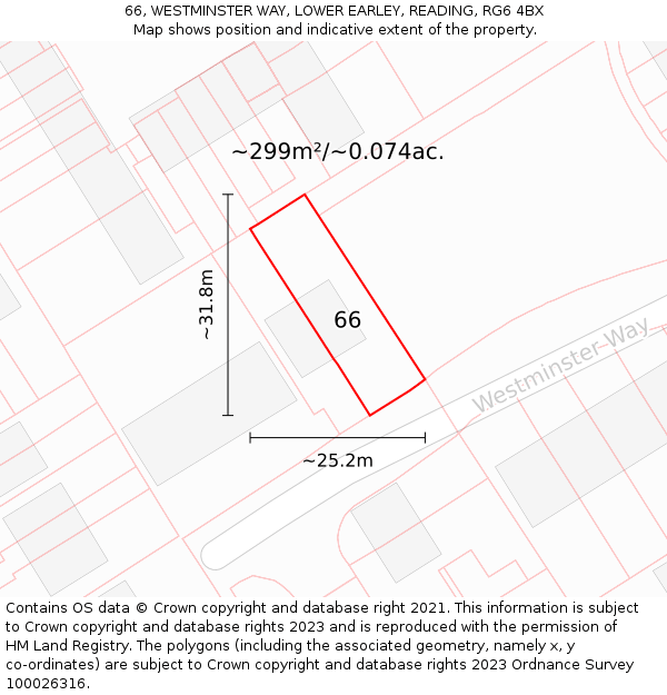 66, WESTMINSTER WAY, LOWER EARLEY, READING, RG6 4BX: Plot and title map