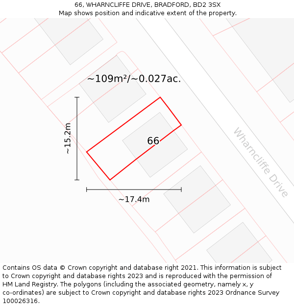 66, WHARNCLIFFE DRIVE, BRADFORD, BD2 3SX: Plot and title map