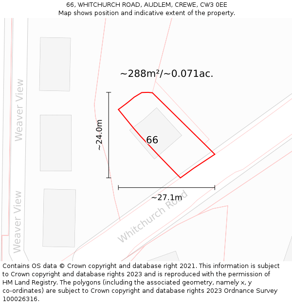 66, WHITCHURCH ROAD, AUDLEM, CREWE, CW3 0EE: Plot and title map