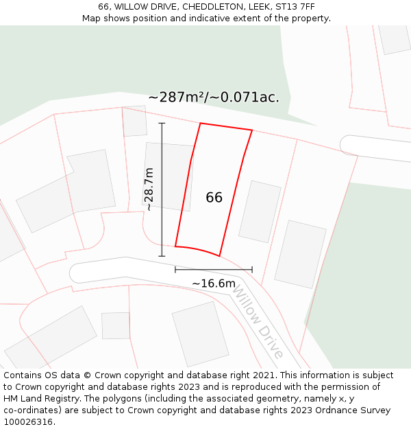 66, WILLOW DRIVE, CHEDDLETON, LEEK, ST13 7FF: Plot and title map