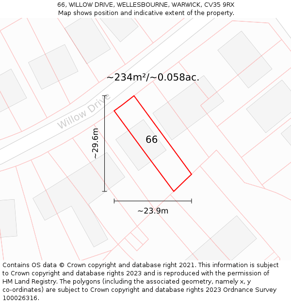 66, WILLOW DRIVE, WELLESBOURNE, WARWICK, CV35 9RX: Plot and title map