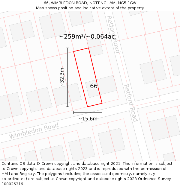 66, WIMBLEDON ROAD, NOTTINGHAM, NG5 1GW: Plot and title map