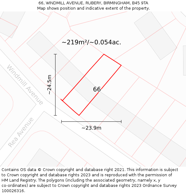 66, WINDMILL AVENUE, RUBERY, BIRMINGHAM, B45 9TA: Plot and title map