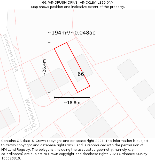 66, WINDRUSH DRIVE, HINCKLEY, LE10 0NY: Plot and title map