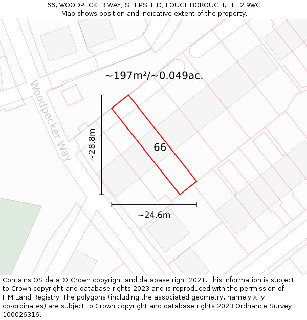 66, WOODPECKER WAY, SHEPSHED, LOUGHBOROUGH, LE12 9WG: Plot and title map