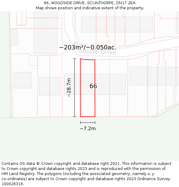 66, WOODSIDE DRIVE, SCUNTHORPE, DN17 2EA: Plot and title map