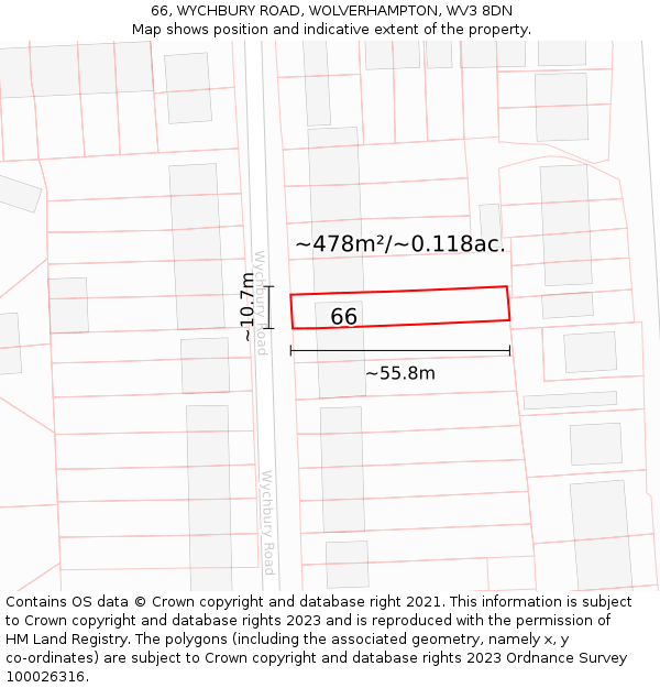 66, WYCHBURY ROAD, WOLVERHAMPTON, WV3 8DN: Plot and title map