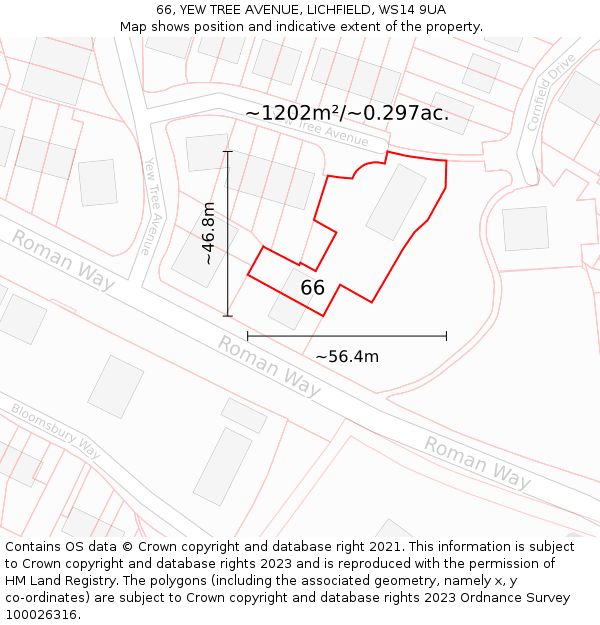 66, YEW TREE AVENUE, LICHFIELD, WS14 9UA: Plot and title map