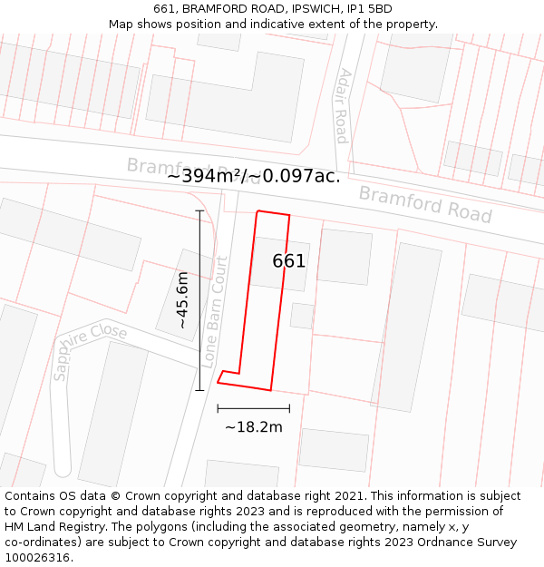 661, BRAMFORD ROAD, IPSWICH, IP1 5BD: Plot and title map