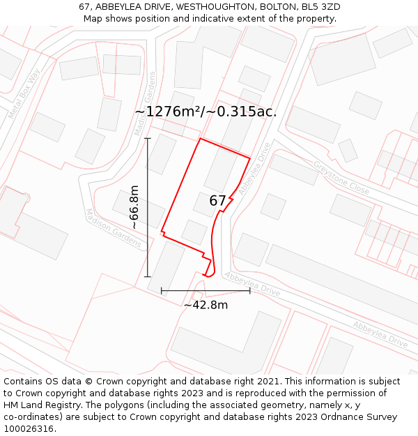 67, ABBEYLEA DRIVE, WESTHOUGHTON, BOLTON, BL5 3ZD: Plot and title map