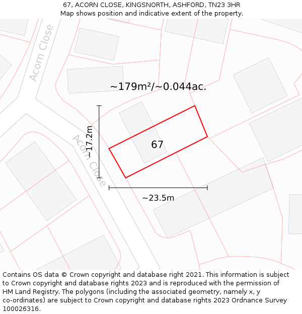 67, ACORN CLOSE, KINGSNORTH, ASHFORD, TN23 3HR: Plot and title map
