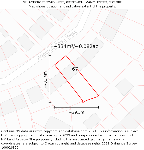67, AGECROFT ROAD WEST, PRESTWICH, MANCHESTER, M25 9RF: Plot and title map