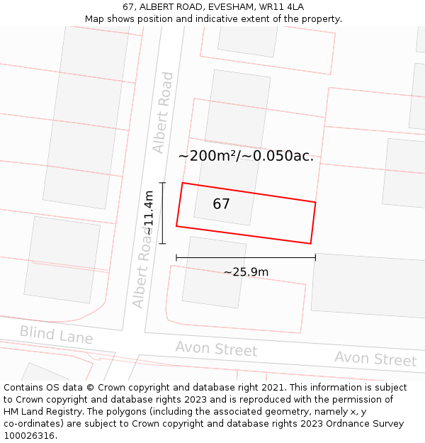 67, ALBERT ROAD, EVESHAM, WR11 4LA: Plot and title map