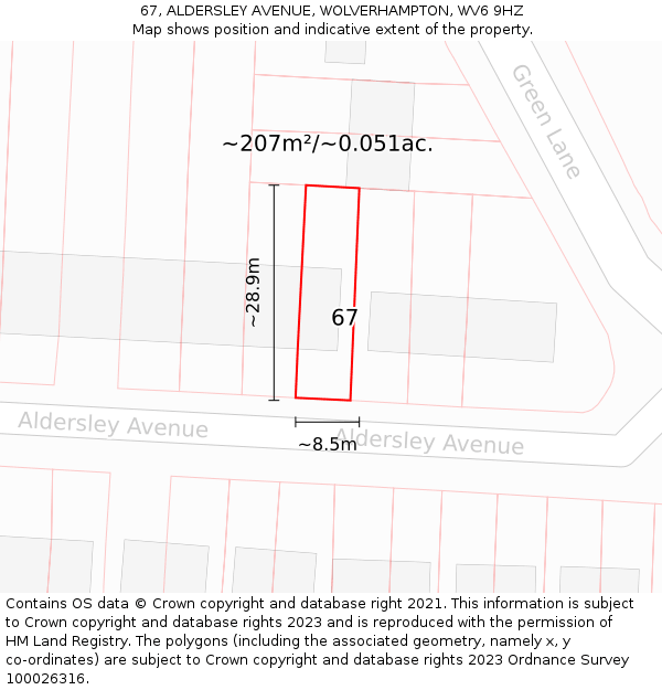 67, ALDERSLEY AVENUE, WOLVERHAMPTON, WV6 9HZ: Plot and title map