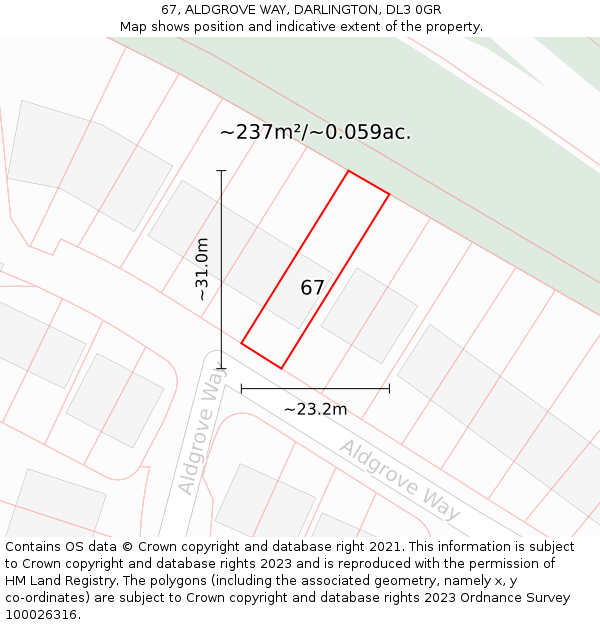 67, ALDGROVE WAY, DARLINGTON, DL3 0GR: Plot and title map