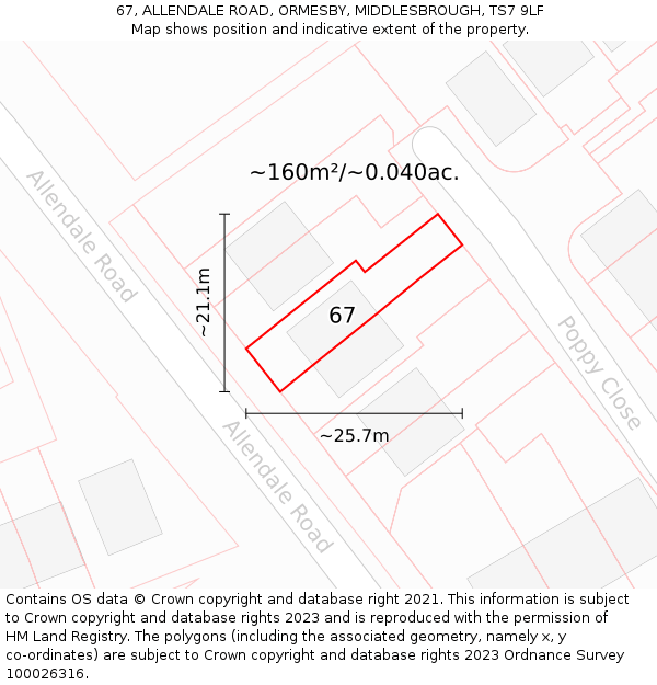67, ALLENDALE ROAD, ORMESBY, MIDDLESBROUGH, TS7 9LF: Plot and title map
