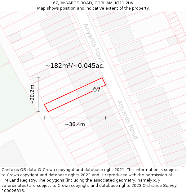 67, ANYARDS ROAD, COBHAM, KT11 2LW: Plot and title map