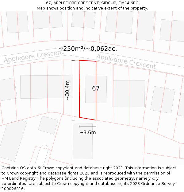 67, APPLEDORE CRESCENT, SIDCUP, DA14 6RG: Plot and title map