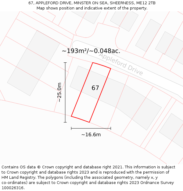 67, APPLEFORD DRIVE, MINSTER ON SEA, SHEERNESS, ME12 2TB: Plot and title map