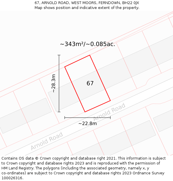 67, ARNOLD ROAD, WEST MOORS, FERNDOWN, BH22 0JX: Plot and title map