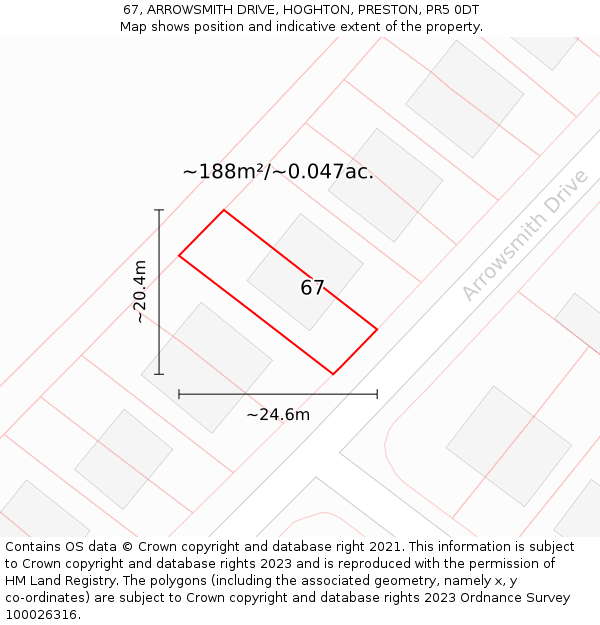 67, ARROWSMITH DRIVE, HOGHTON, PRESTON, PR5 0DT: Plot and title map