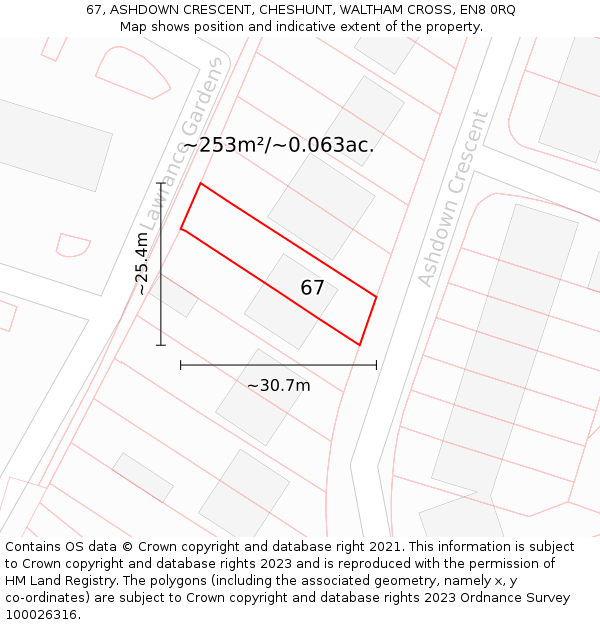 67, ASHDOWN CRESCENT, CHESHUNT, WALTHAM CROSS, EN8 0RQ: Plot and title map