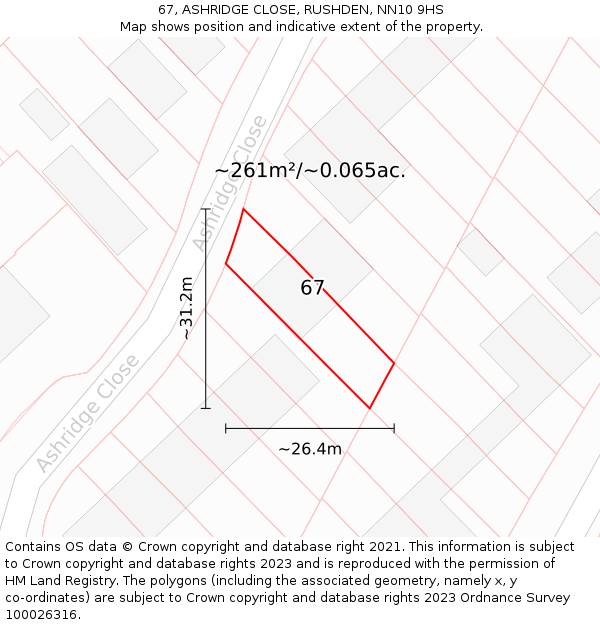 67, ASHRIDGE CLOSE, RUSHDEN, NN10 9HS: Plot and title map
