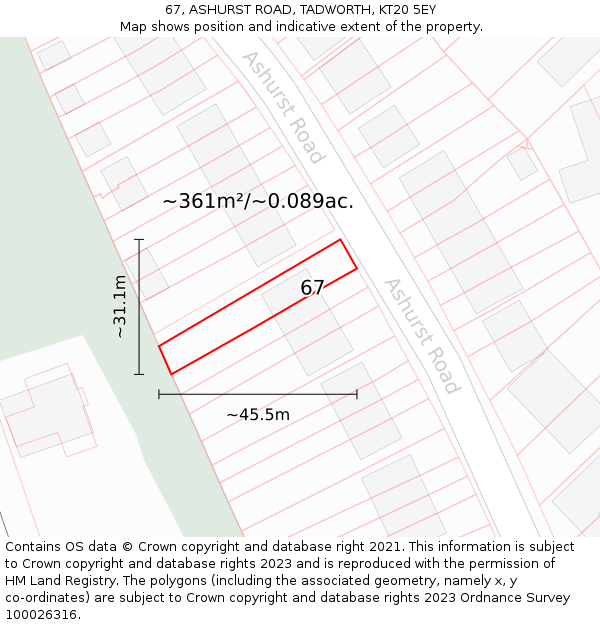 67, ASHURST ROAD, TADWORTH, KT20 5EY: Plot and title map