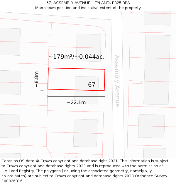 67, ASSEMBLY AVENUE, LEYLAND, PR25 3PA: Plot and title map